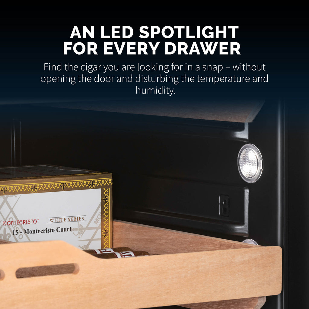 Newair 1,500 Count Electric Cigar Humidor, Built-in Humidification System with Opti-Temp™ Heating and Cooling Function, Built-In or Freestanding Design, Precision Temperature, LED Lighting, and Peek-In™ Spanish Cedar Drawers