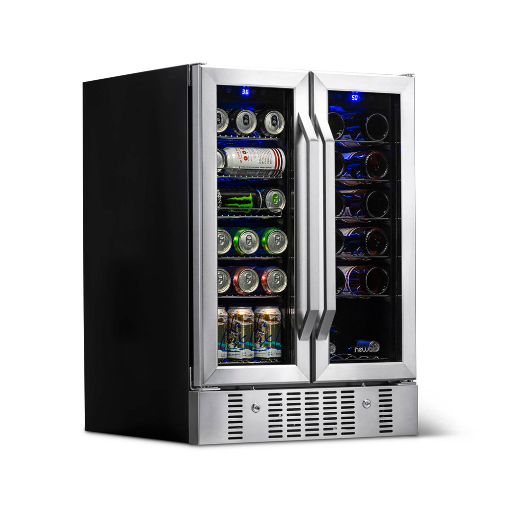 Newair 24” Built-in Dual Zone 18 Bottle and 58 Can Wine and Beverage Fridge in Stainless Steel with Chrome Shelves
