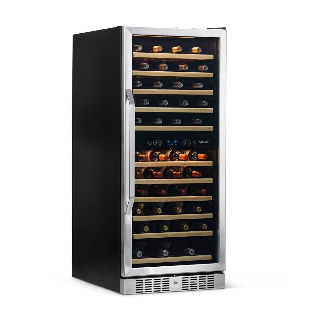 Newair 27” Built-in 116 Bottle Dual Zone Compressor Wine Fridge in Stainless Steel, Quiet Operation with Smooth Rolling Shelves