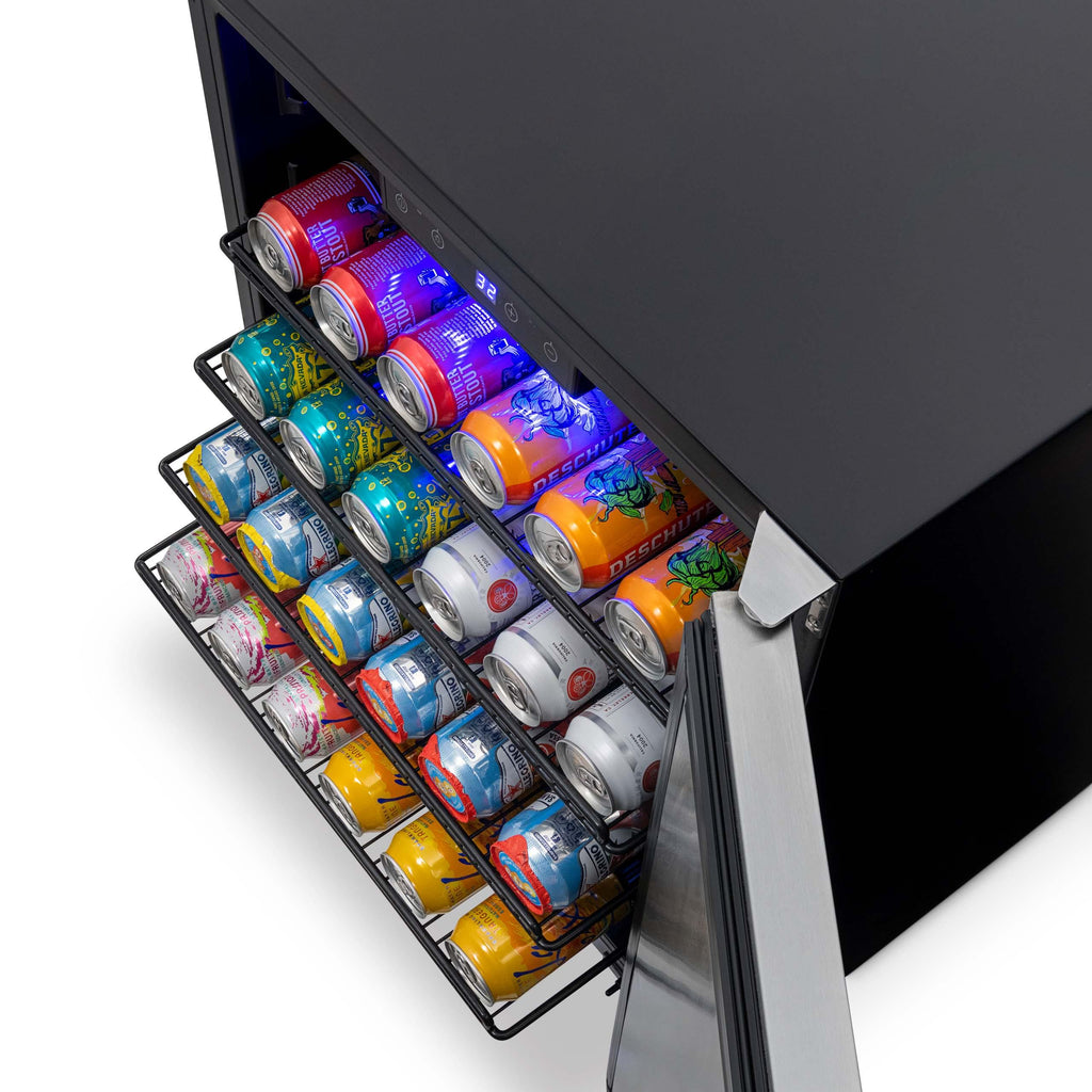 Newair 24” Built-in 160 Can Outdoor Beverage Fridge in Weatherproof Stainless Steel with Auto-Closing Door and Easy Glide Casters