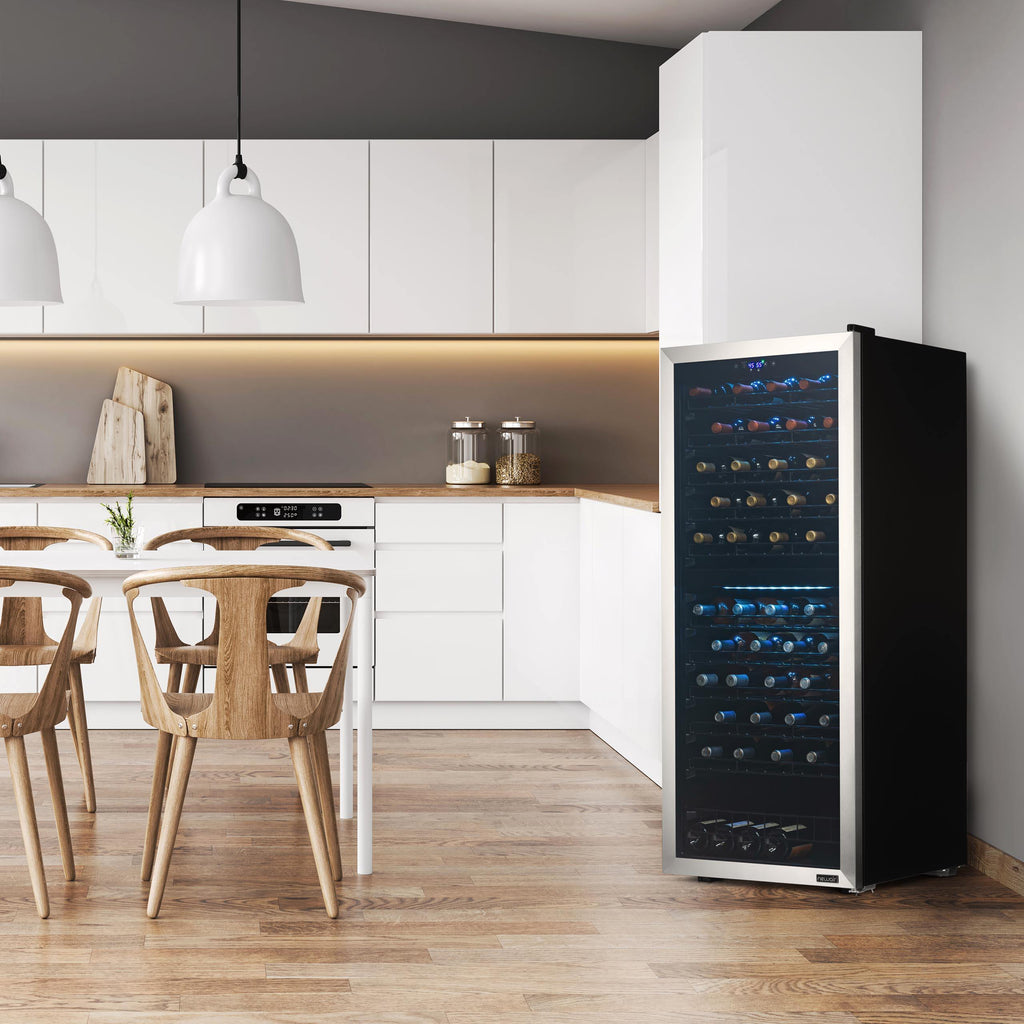 Newair Freestanding 98 Bottle Dual Zone Wine Fridge with Low-Vibration Ultra-Quiet Inverter Compressor and Adjustable Racks