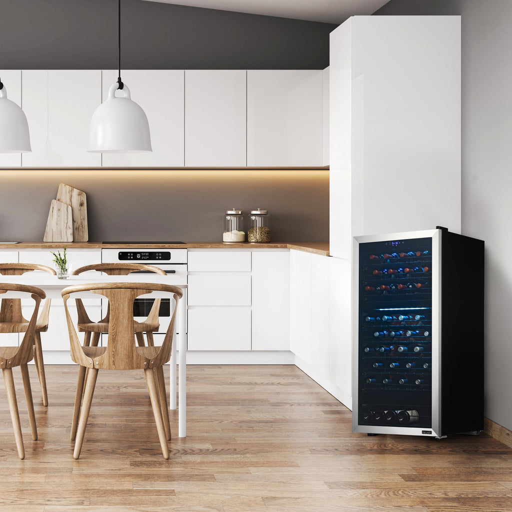Newair Freestanding 76 Bottle Dual Zone Wine Fridge with Low-Vibration Ultra-Quiet Inverter Compressor and Adjustable Racks
