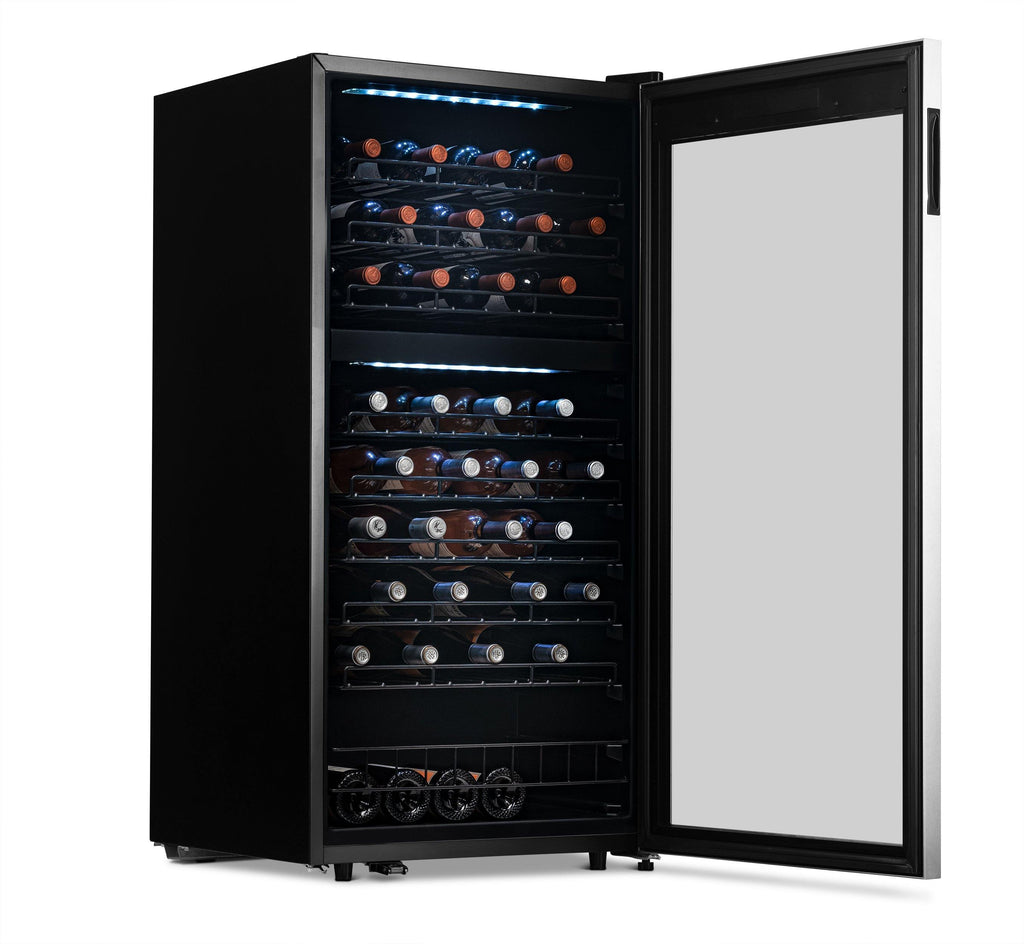 Newair Freestanding 76 Bottle Dual Zone Wine Fridge with Low-Vibration Ultra-Quiet Inverter Compressor and Adjustable Racks