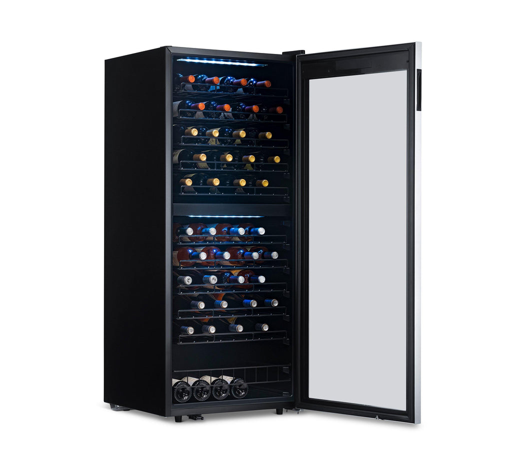 Newair Freestanding 98 Bottle Dual Zone Wine Fridge with Low-Vibration Ultra-Quiet Inverter Compressor and Adjustable Racks