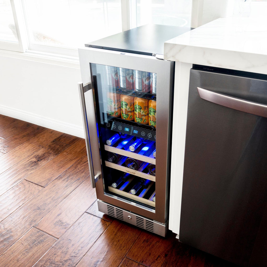 Newair 15” Premium Built-in Dual Zone 9 Bottle and 48 Can Wine and Beverage Fridge in Stainless Steel with SplitShelf™