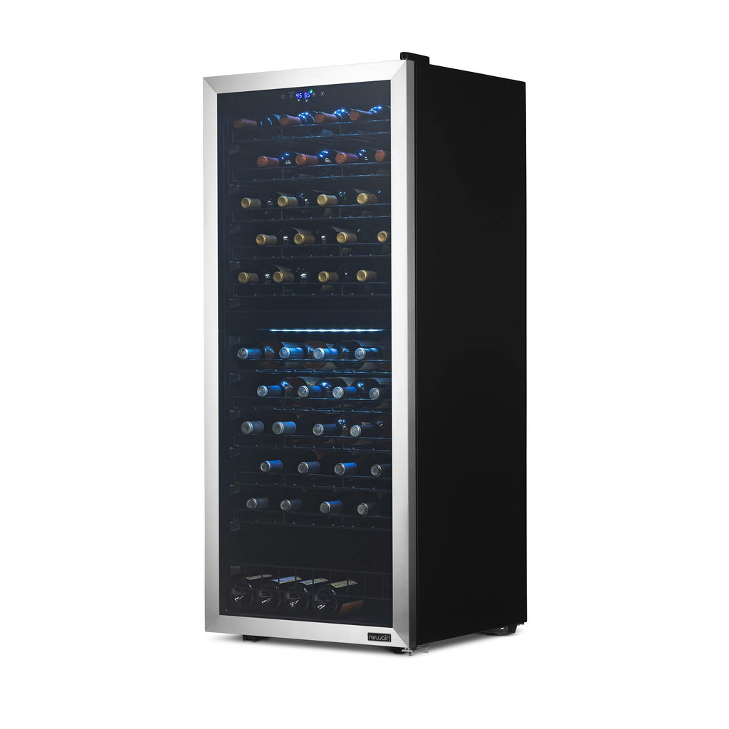 Newair Freestanding 98 Bottle Dual Zone Wine Fridge with Low-Vibration Ultra-Quiet Inverter Compressor and Adjustable Racks