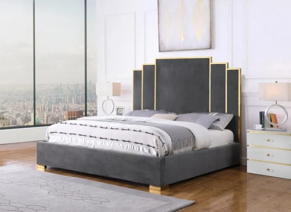 BQF Dark Grey Velvet Queen Bed Gold Color B53-QB