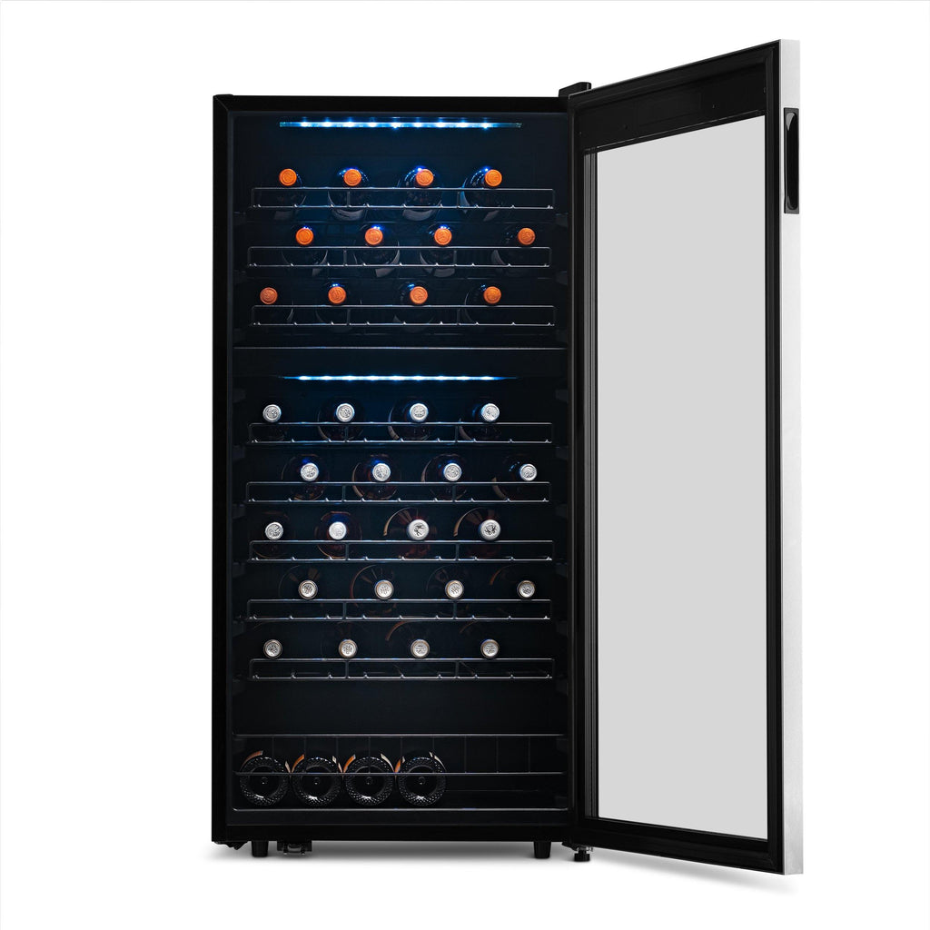 Newair Freestanding 76 Bottle Dual Zone Wine Fridge with Low-Vibration Ultra-Quiet Inverter Compressor and Adjustable Racks