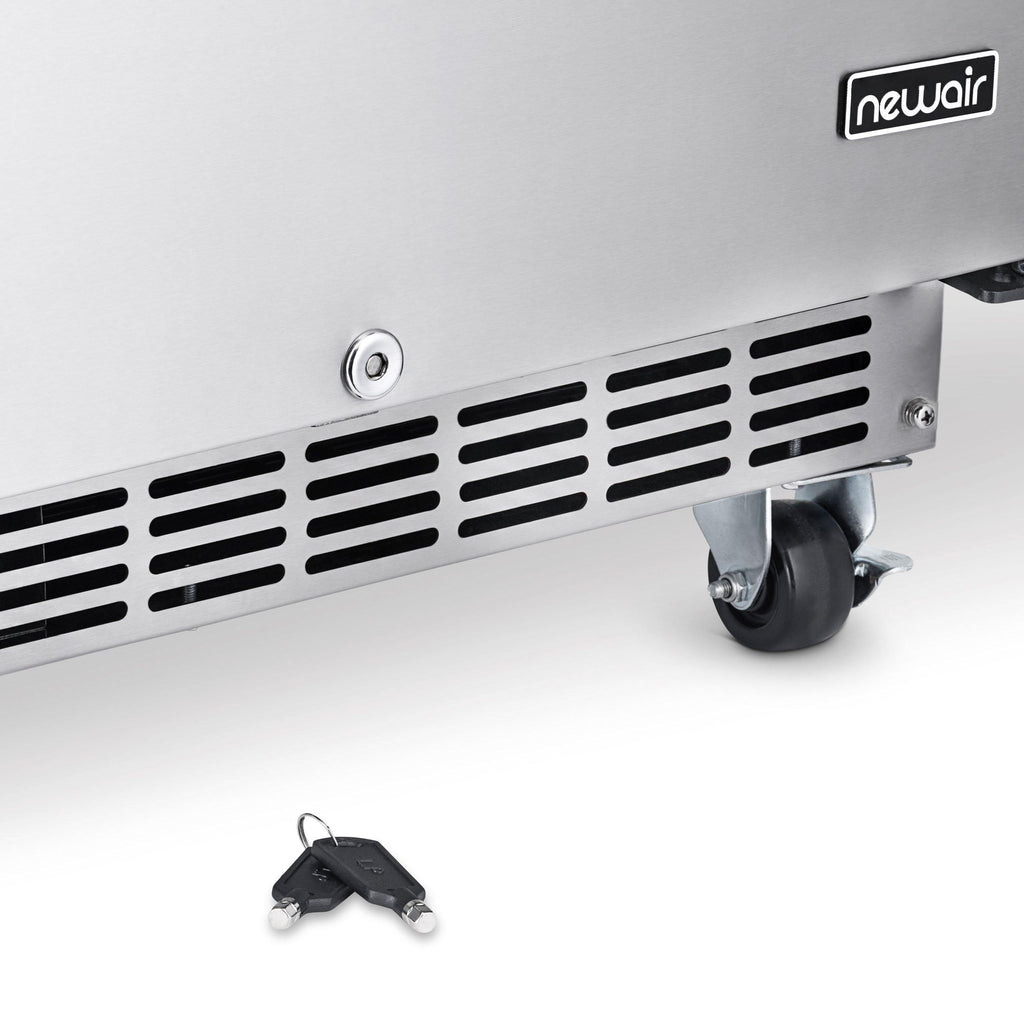 Newair 24” Built-in 160 Can Outdoor Beverage Fridge in Weatherproof Stainless Steel with Auto-Closing Door and Easy Glide Casters