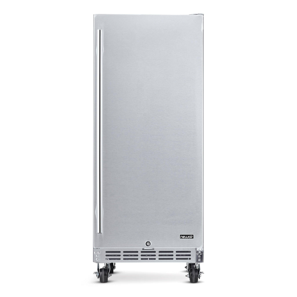 Newair 15” Built-in 90 Can Outdoor Beverage Fridge in Weatherproof Stainless Steel with Auto-Closing Door and Easy Glide Casters
