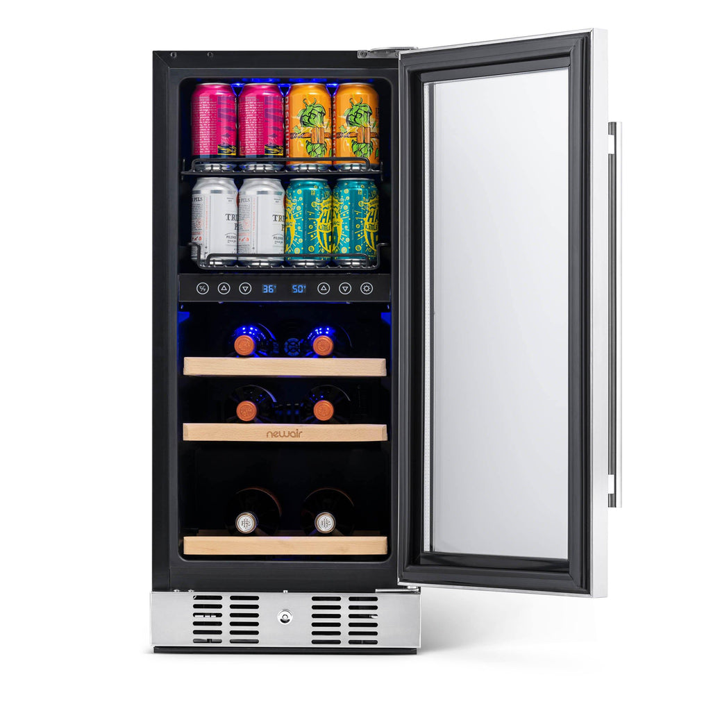 Newair 15” Premium Built-in Dual Zone 9 Bottle and 48 Can Wine and Beverage Fridge in Stainless Steel with SplitShelf™