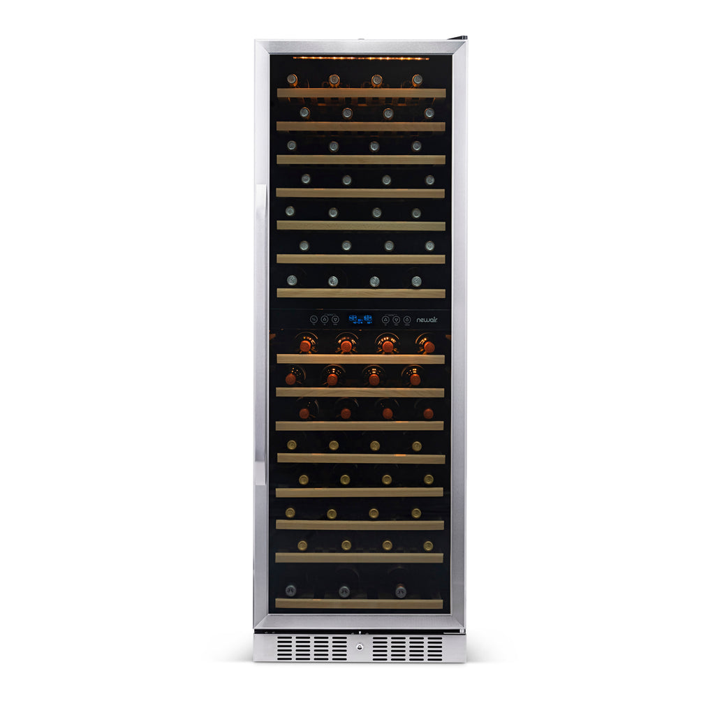 Newair 27” Built-in 160 Bottle Dual Zone Compressor Wine Fridge in Stainless Steel, Quiet Operation with Smooth Rolling Shelves
