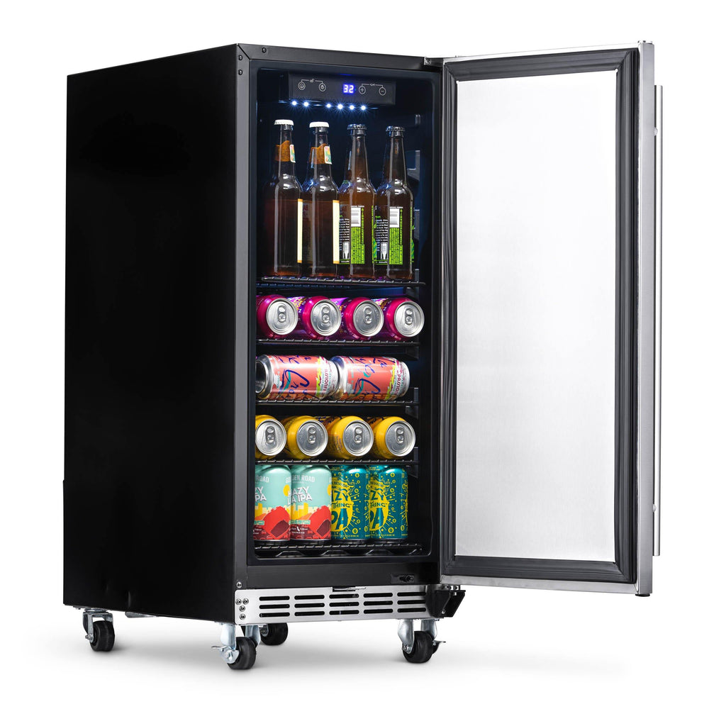 Newair 15” Built-in 90 Can Outdoor Beverage Fridge in Weatherproof Stainless Steel with Auto-Closing Door and Easy Glide Casters
