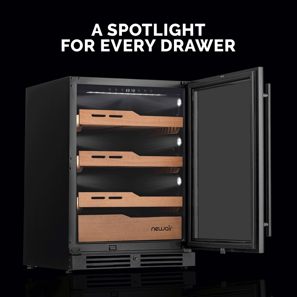 Newair 1,500 Count Electric Cigar Humidor, Built-in Humidification System with Opti-Temp™ Heating and Cooling Function, Built-In or Freestanding Design, Precision Temperature, LED Lighting, and Peek-In™ Spanish Cedar Drawers