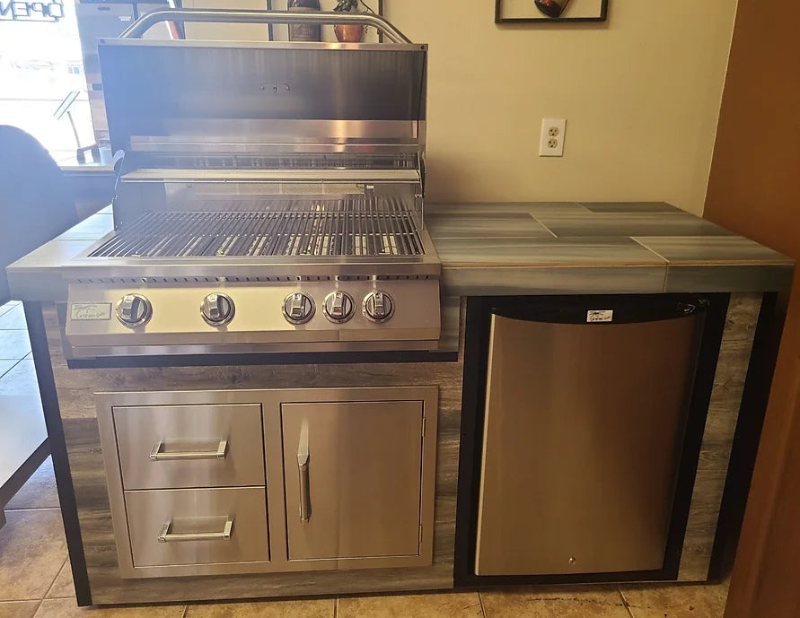 Kokomo Grills Elite 6' BBQ Island With Built In BBQ Grill Drift Wood Look Siding 30 Inch Doors ELITE