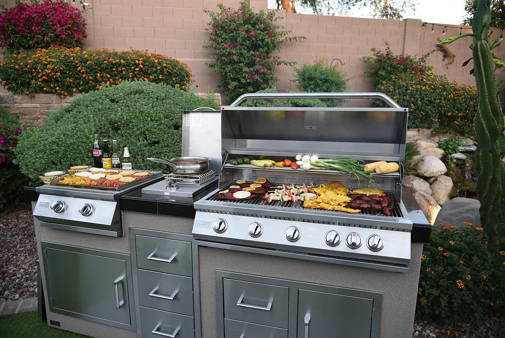 Kokomo Grills Teppanyaki, Griddle, Built-In BBQ Grill with Side Burner, Storage Drawers 7'6" KO-7'6"-Tep-Side-5-Burn-LP