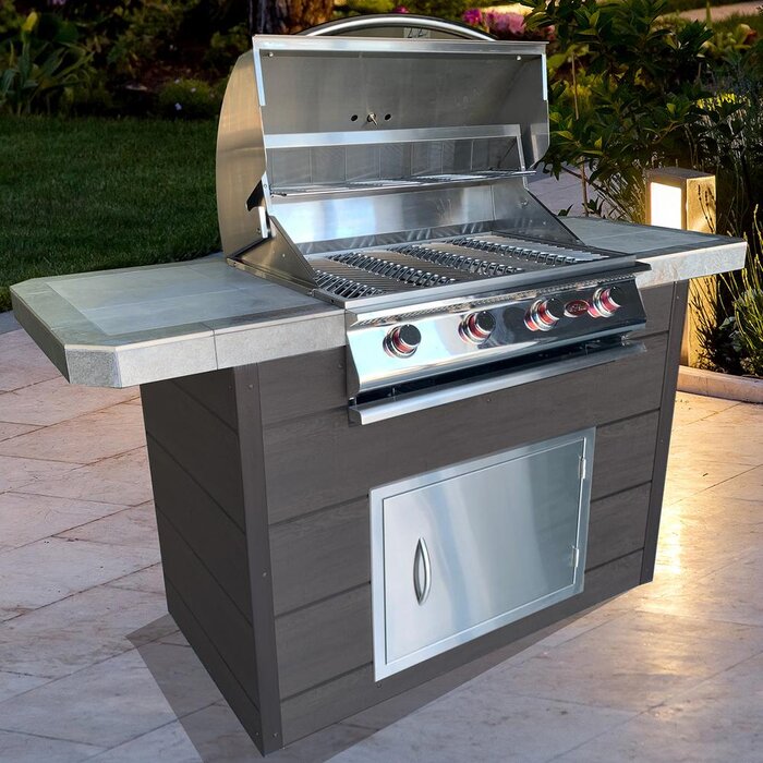 Cal Flame 4-burner, 7 ft. Synthetic Wood and Tile Propane GAS Grill Island in Stainless Steel