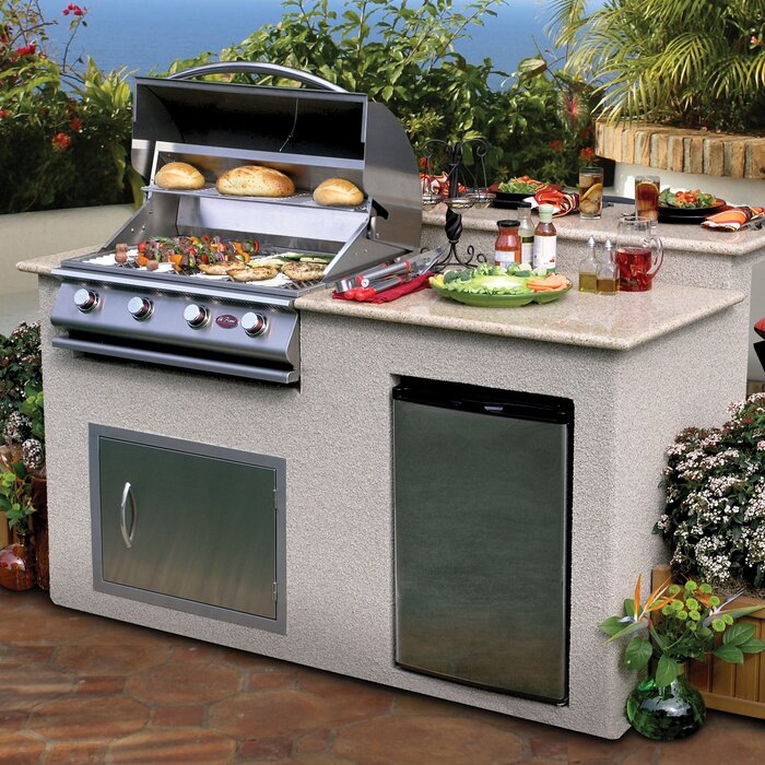 Cal Flame 4-Burner Propane Gas Grill Island with Refrigerator in Stainless Steel