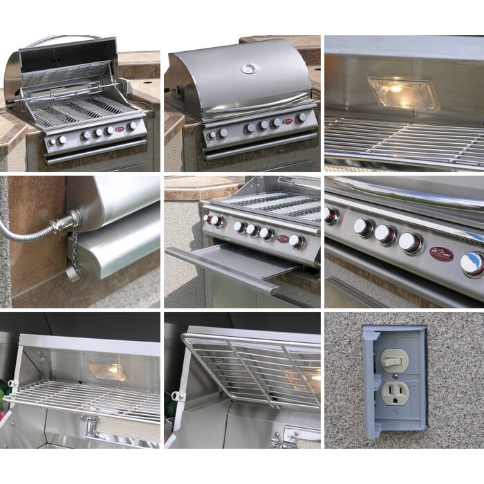 Cal Flame 4-burner, 7 ft. Stone Veneer Propane Grill Island in Stainless Steel