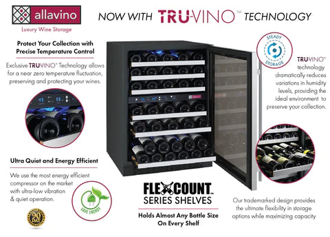 Allavino 24" Wide FlexCount II Tru-Vino 56 Bottle Dual Zone Stainless Steel Right Hinge Wine Refrigerator