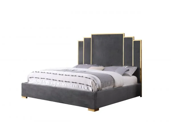 BQF Dark Grey Velvet Queen Bed Gold Color B53-QB