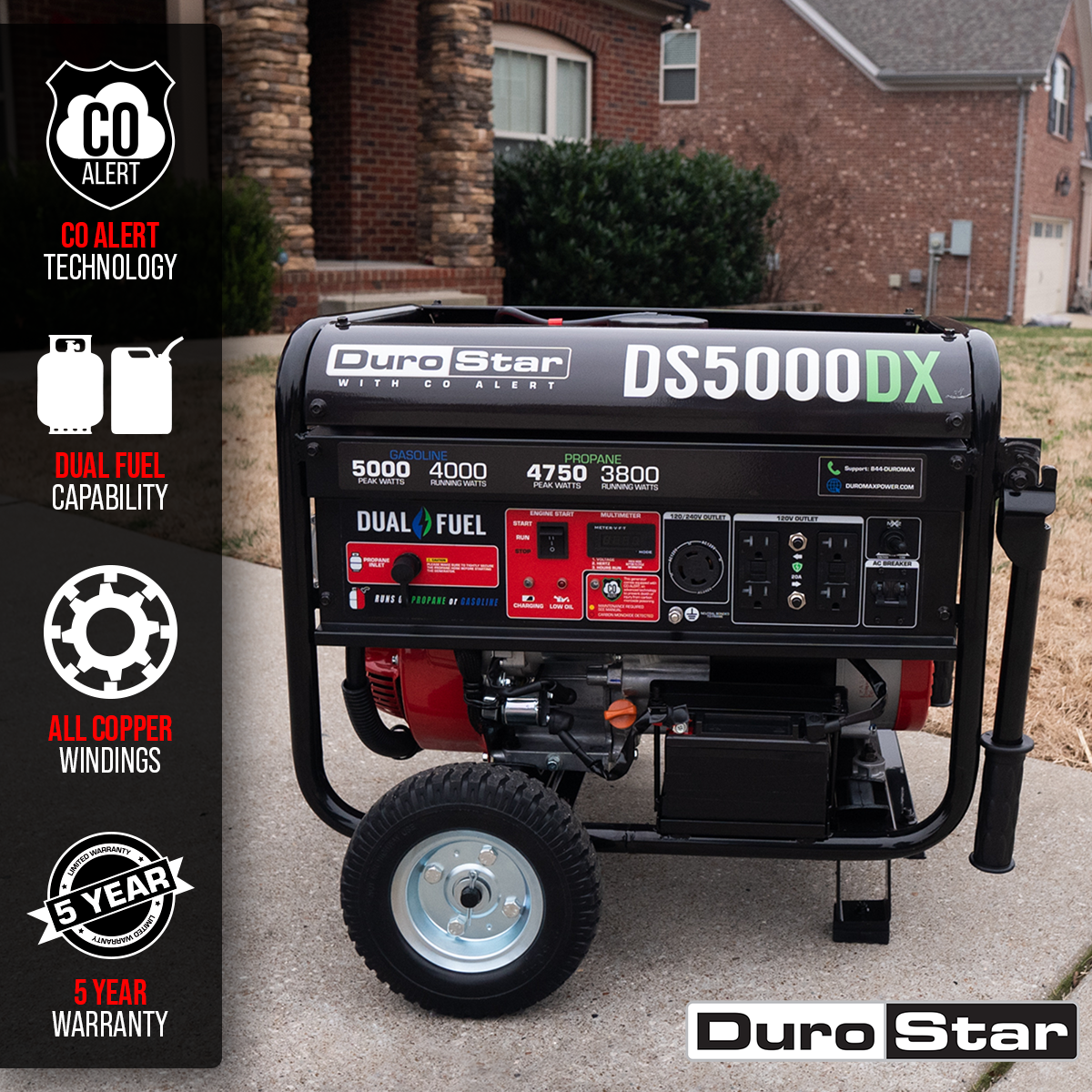 DuroStar 5,000 Watt Dual Fuel Portable Generator w/ CO Alert DS5000DX