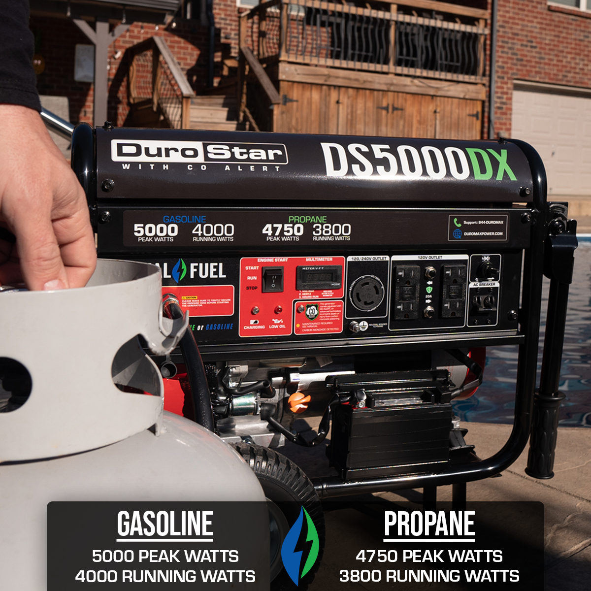 DuroStar 5,000 Watt Dual Fuel Portable Generator w/ CO Alert DS5000DX