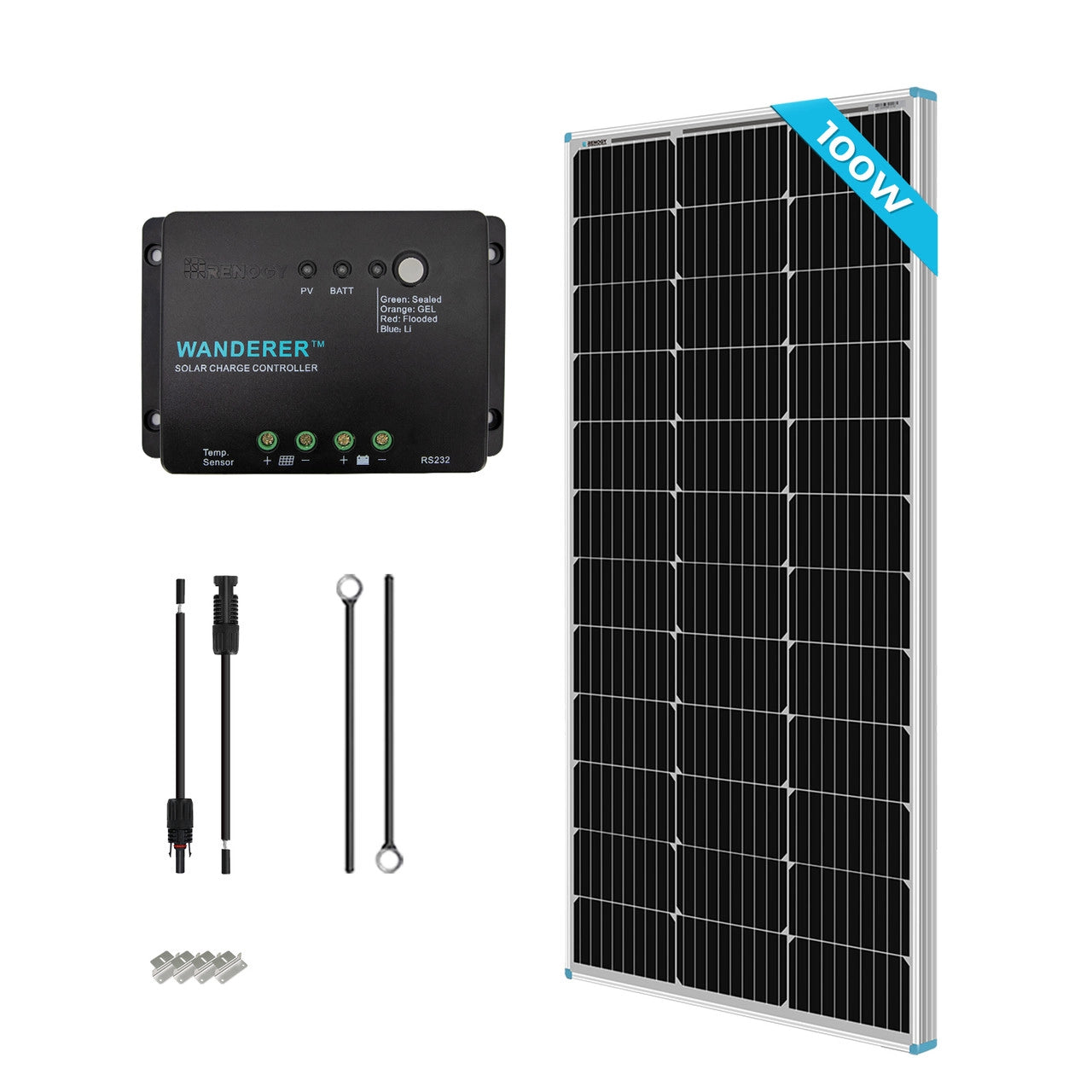Renogy 100W 12V Monocrystalline Solar Starter Kit w/Wanderer 30A Charge Controller RNG-KIT-STARTER100D-WND30-US