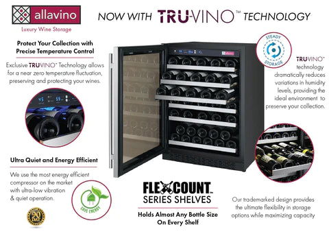 Allavino 24" Wide FlexCount II Tru-Vino 56 Bottle Single Zone Stainless Steel Left Hinge Wine Refrigerator