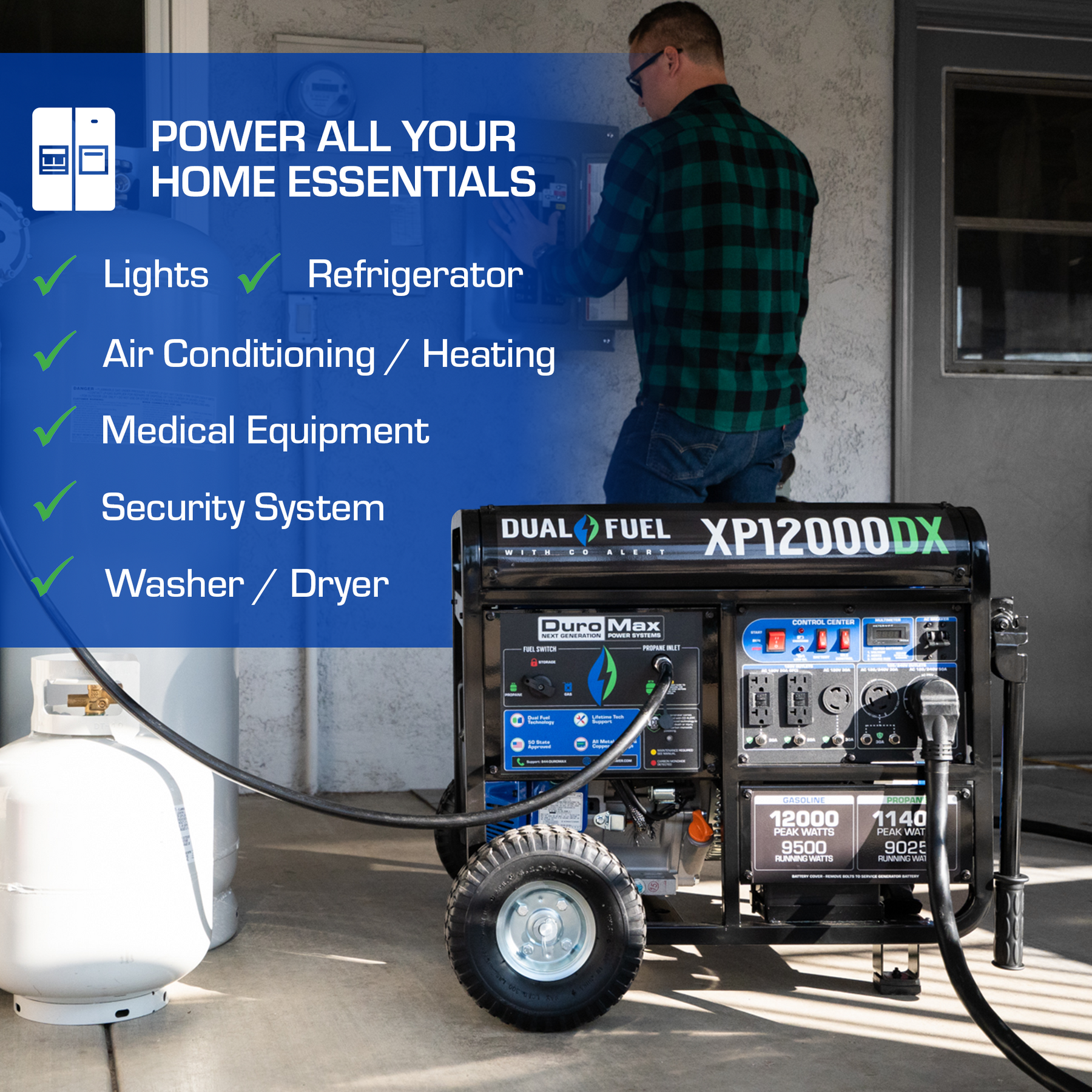 DuroMax 12,000 Watt Dual Fuel Portable Generator w/ CO Alert XP12000DX