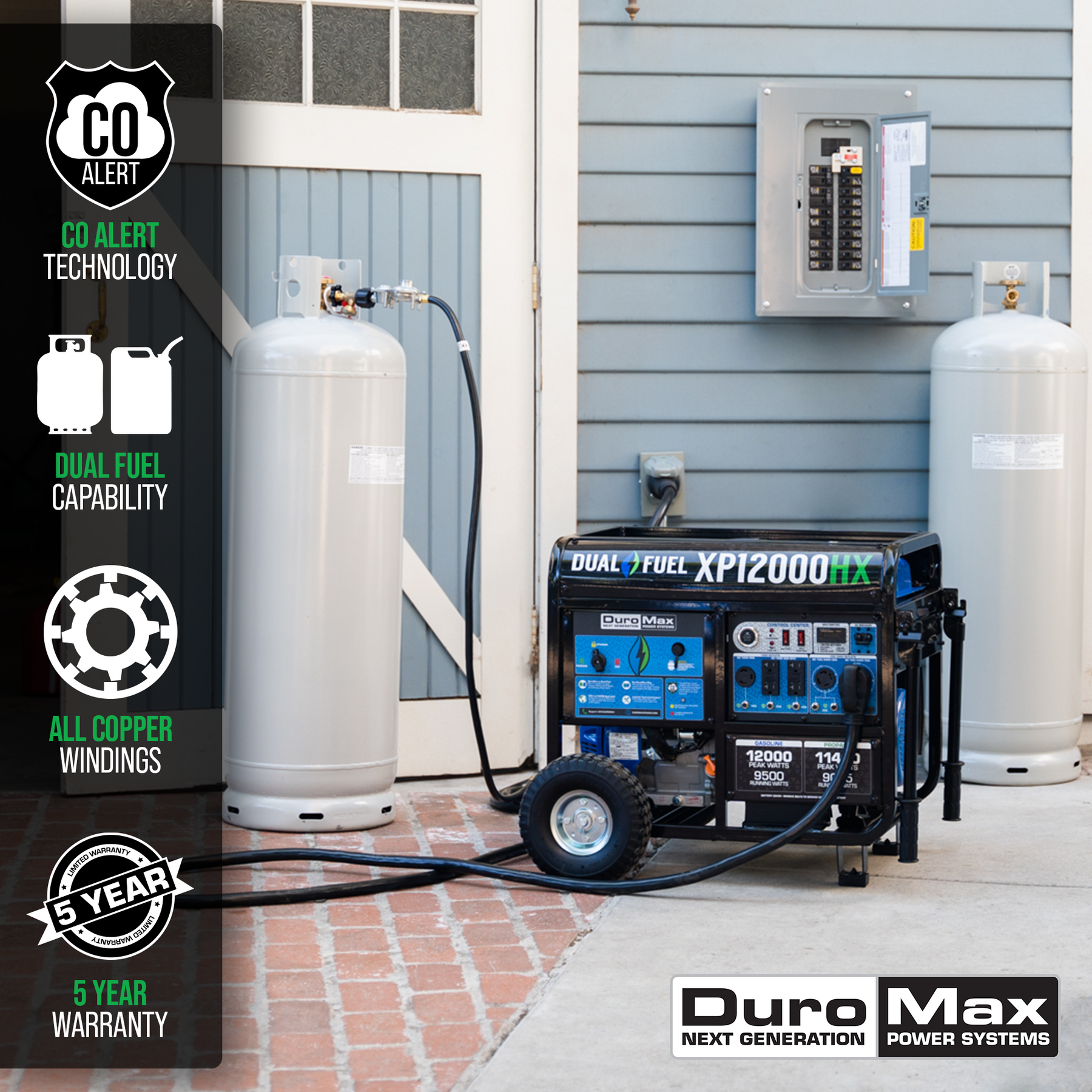DuroMax 12,000 Watt Dual Fuel Portable HX Generator w/ CO Alert XP12000HX