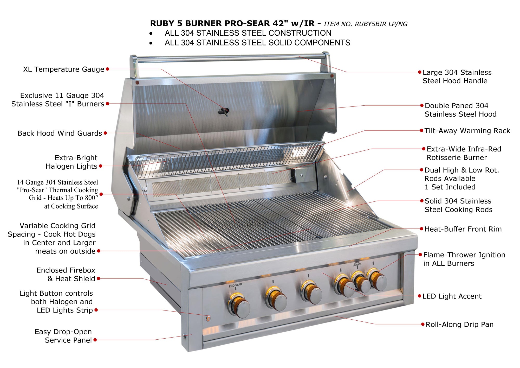 Sunstone Ruby 42-Inch 5-Burner Built-In Natural Gas Grill With Pro-Sear And Rotisserie RUBY5BIR