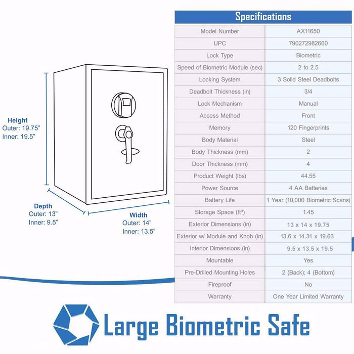 BARSKA Large Biometric Security Safe with Fingerprint Lock AX11650