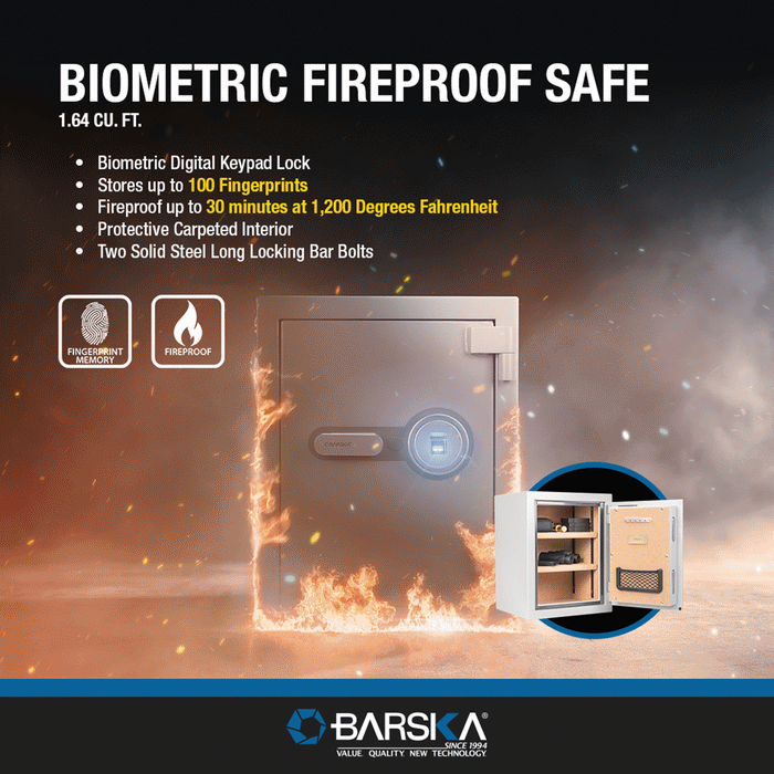 BARSKA Biometric Fireproof Safe, 1.64 Cu. Ft., Metallic Grey AX13494