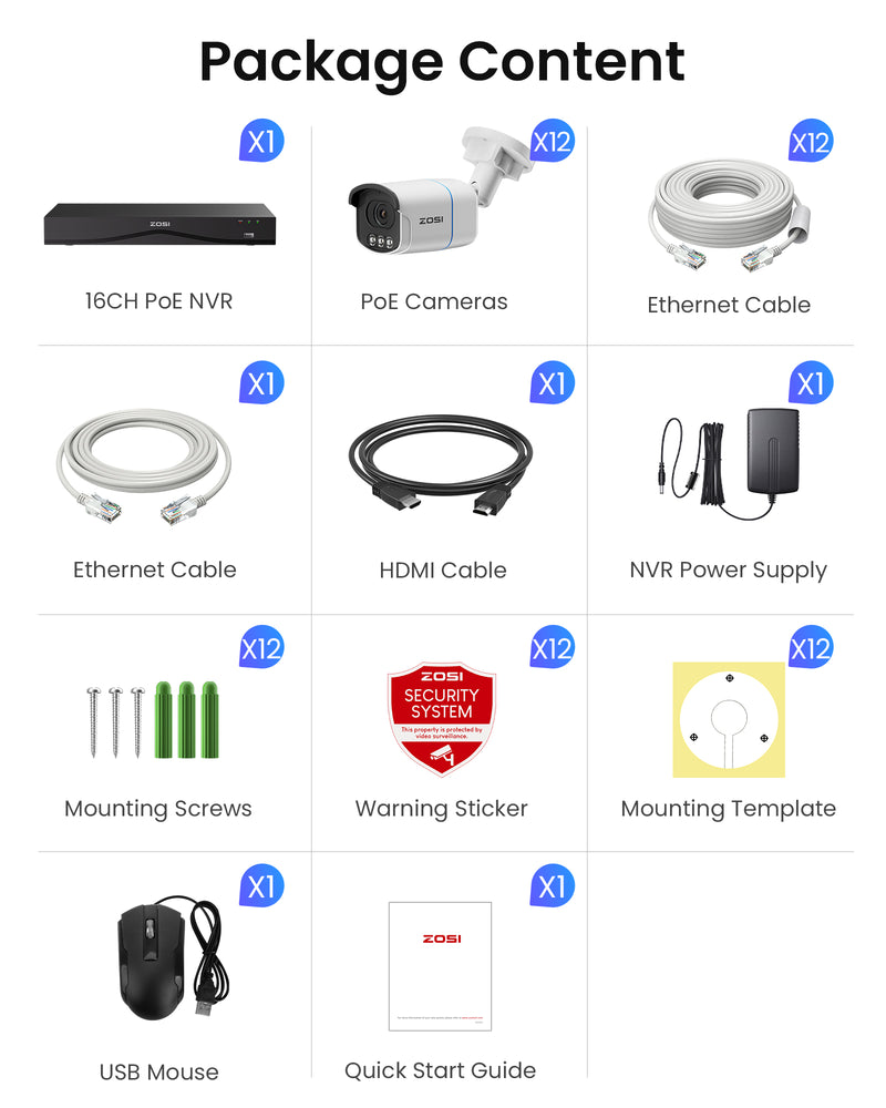 Zosi C186A 4K 16 Channel True Color Night Security System + NVR Support Dual Hard Drive + 4TB HDD