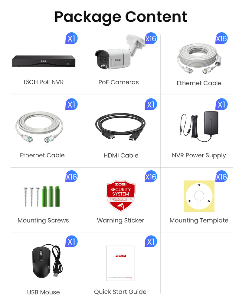 Zosi C186A 4K 16 Channel True Color Night Security System + NVR Support Dual Hard Drive + 4TB HDD