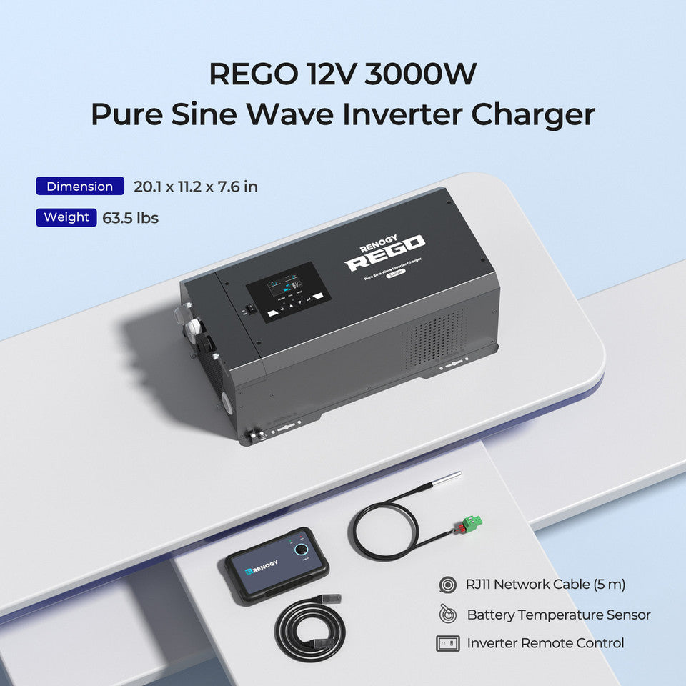 Renogy REGO 12V 3000W Pure Sine Wave Inverter Charger RIV1230RCL-1SS-US