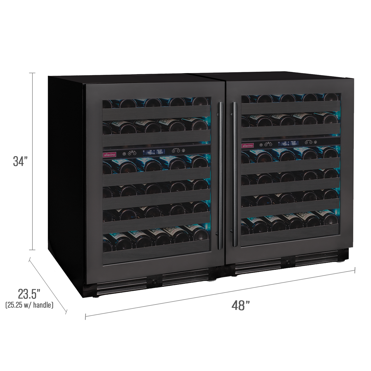 Allavino Reserva Series 100 Bottle 34" Tall Four Zone Black Stainless Steel Side-by-Side Wine Cooler Refrigerator  BF 2X-BDW5034D-2BS