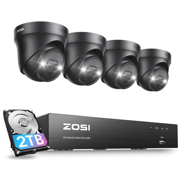 Zosi C225 4K 4 Camera PoE Security System + 4K 8CH PoE NVR + 2TB Hard Drive
