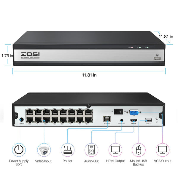 Zosi 4K 16 Channel Network Video Recorder NVR + 4TB Hard Drive