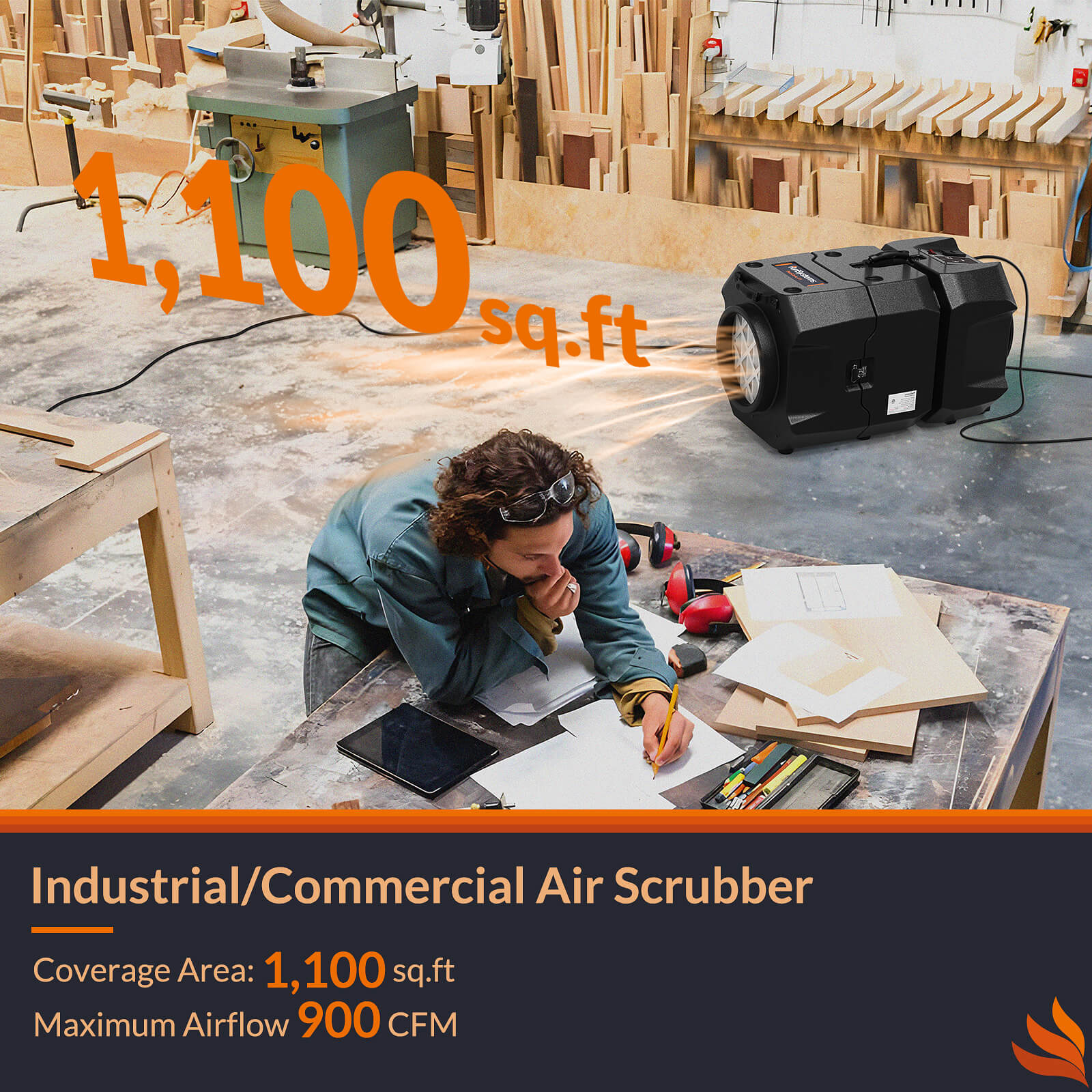 Alorair Purisystems Air Scrubber for Commercial, 2-Stage Filtration HEPA Air Cleaner, 1100 sq.ft, 900 CFM, Stackable, Negative Air Machine PuriCare S1