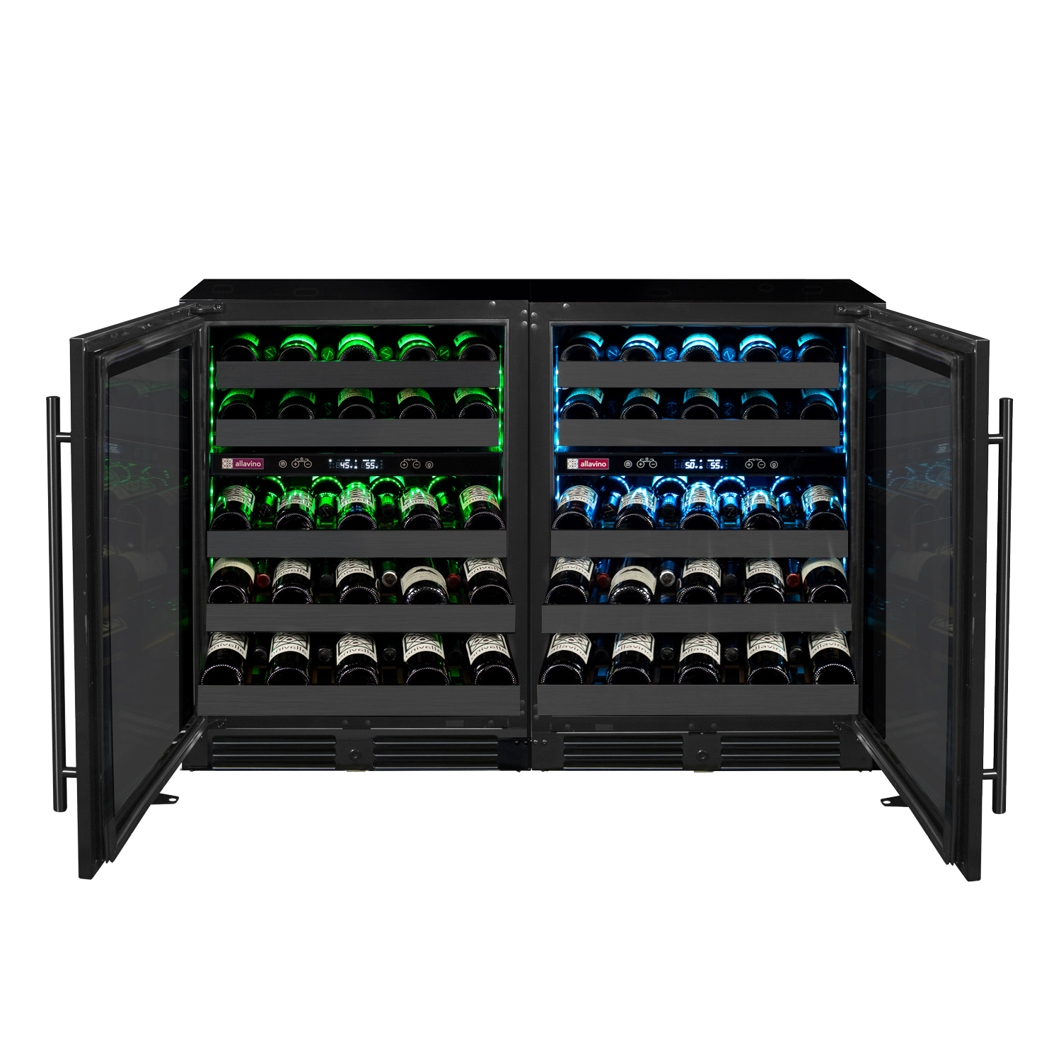 Allavino Reserva Series 100 Bottle 34" Tall Four Zone Black Stainless Steel Side-by-Side Wine Cooler Refrigerator  BF 2X-BDW5034D-2BS