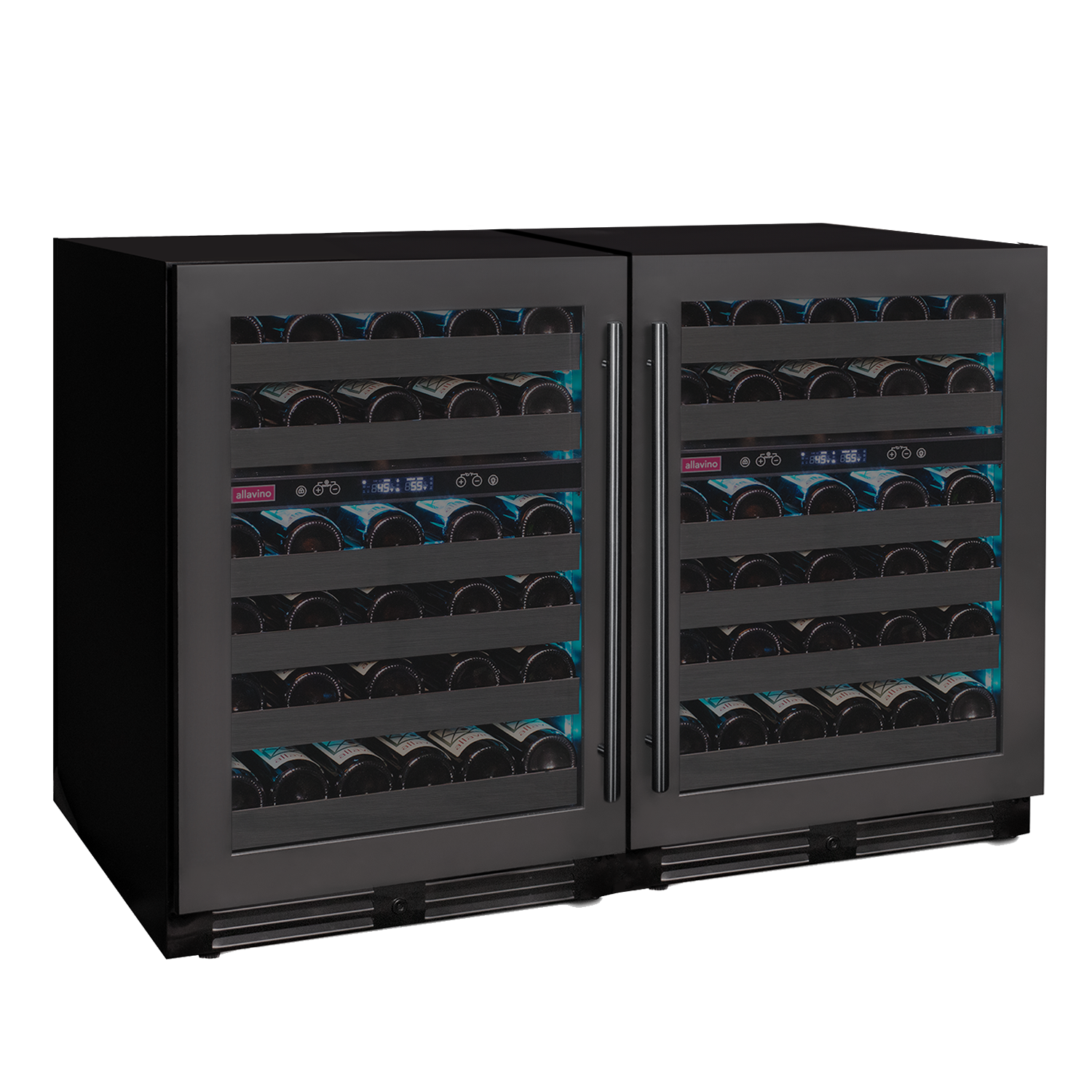 Allavino Reserva Series 100 Bottle 34" Tall Four Zone Black Stainless Steel Side-by-Side Wine Cooler Refrigerator  BF 2X-BDW5034D-2BS