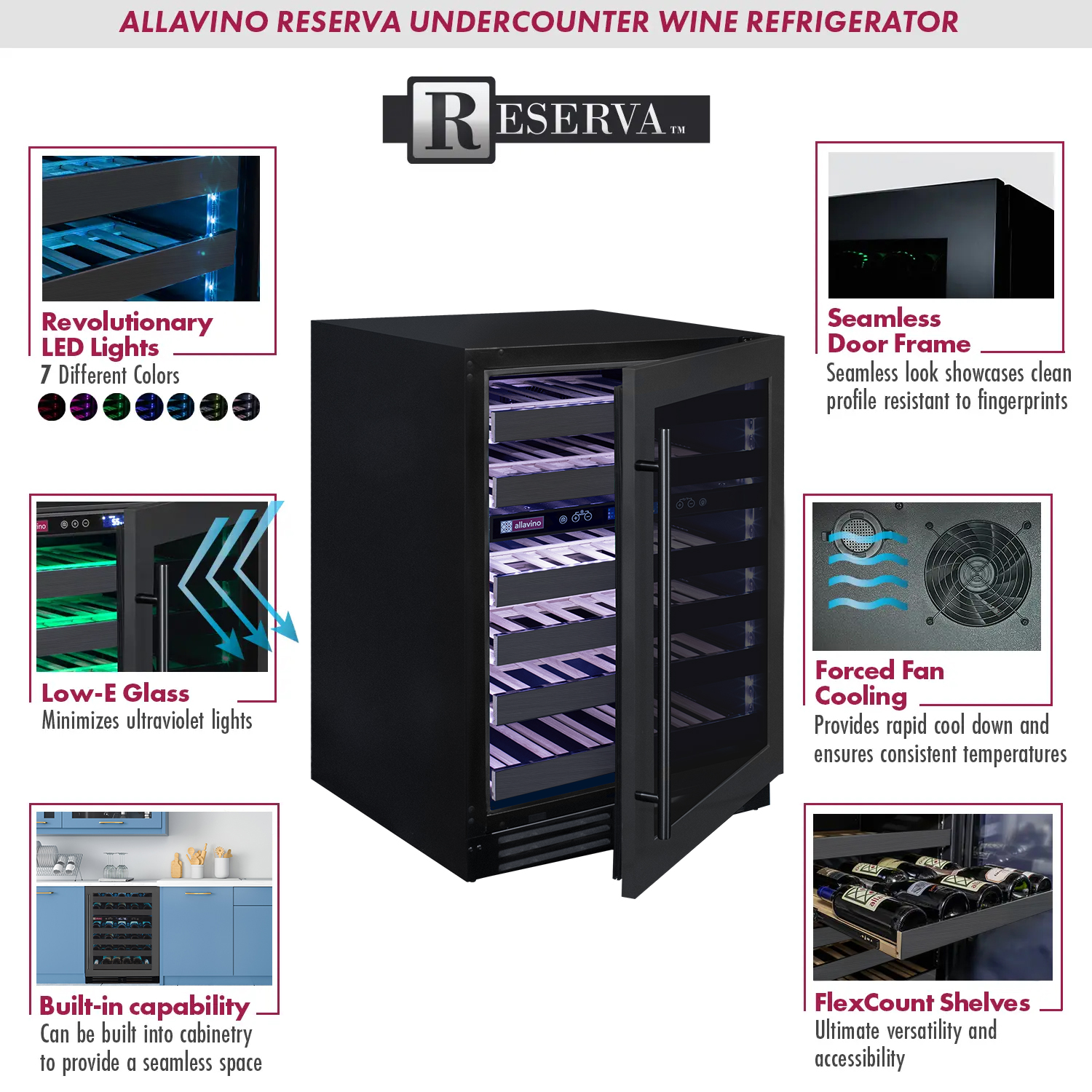 Allavino Reserva Series 50 Bottle Dual Zone Undercounter Wine Cooler Refrigerator with Black Stainless Steel Door - Right Hinge AO BDW5034D-2BSR
