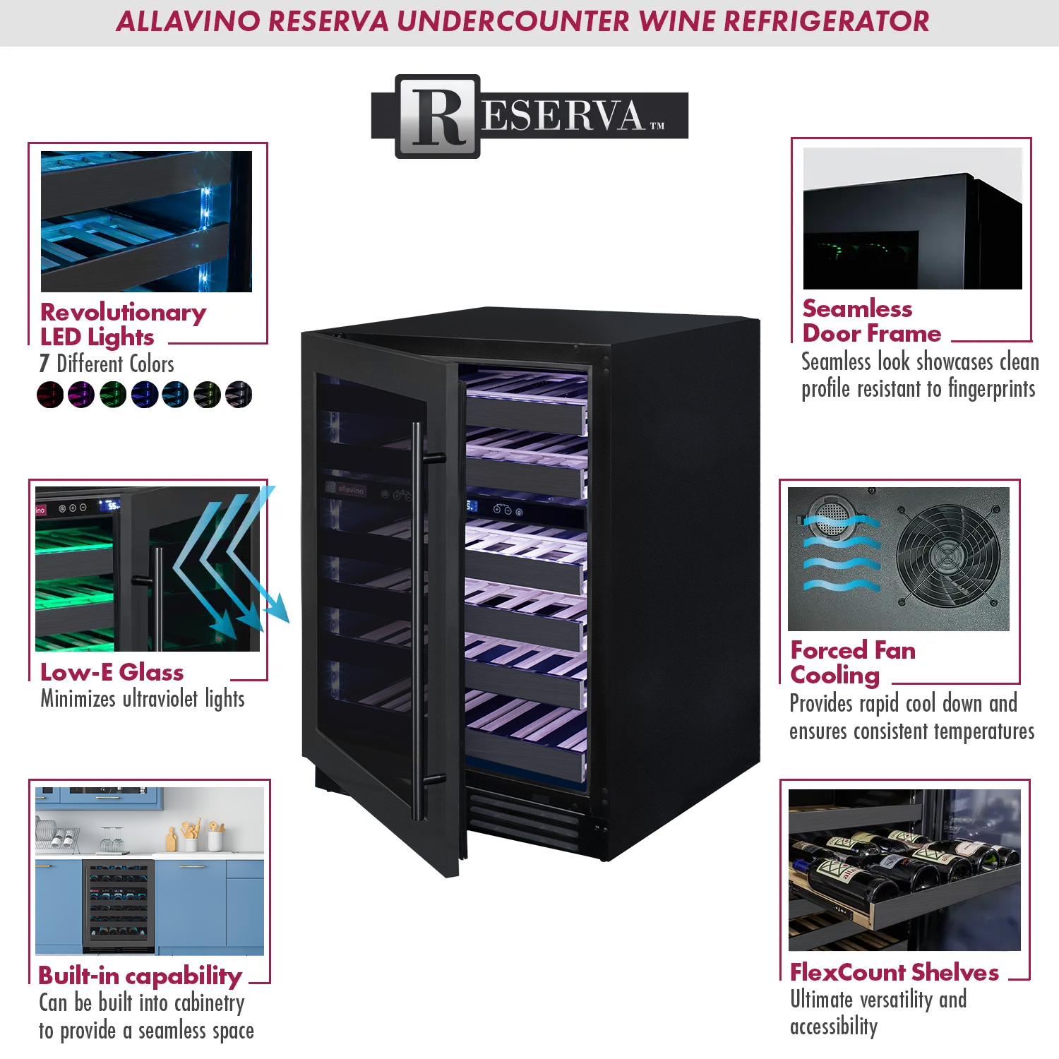 Allavino Reserva Series 100 Bottle 34" Tall Three Zone Black Stainless Steel Side-by-Side Wine Cooler Refrigerator BF 3Z-BDW5034-BS