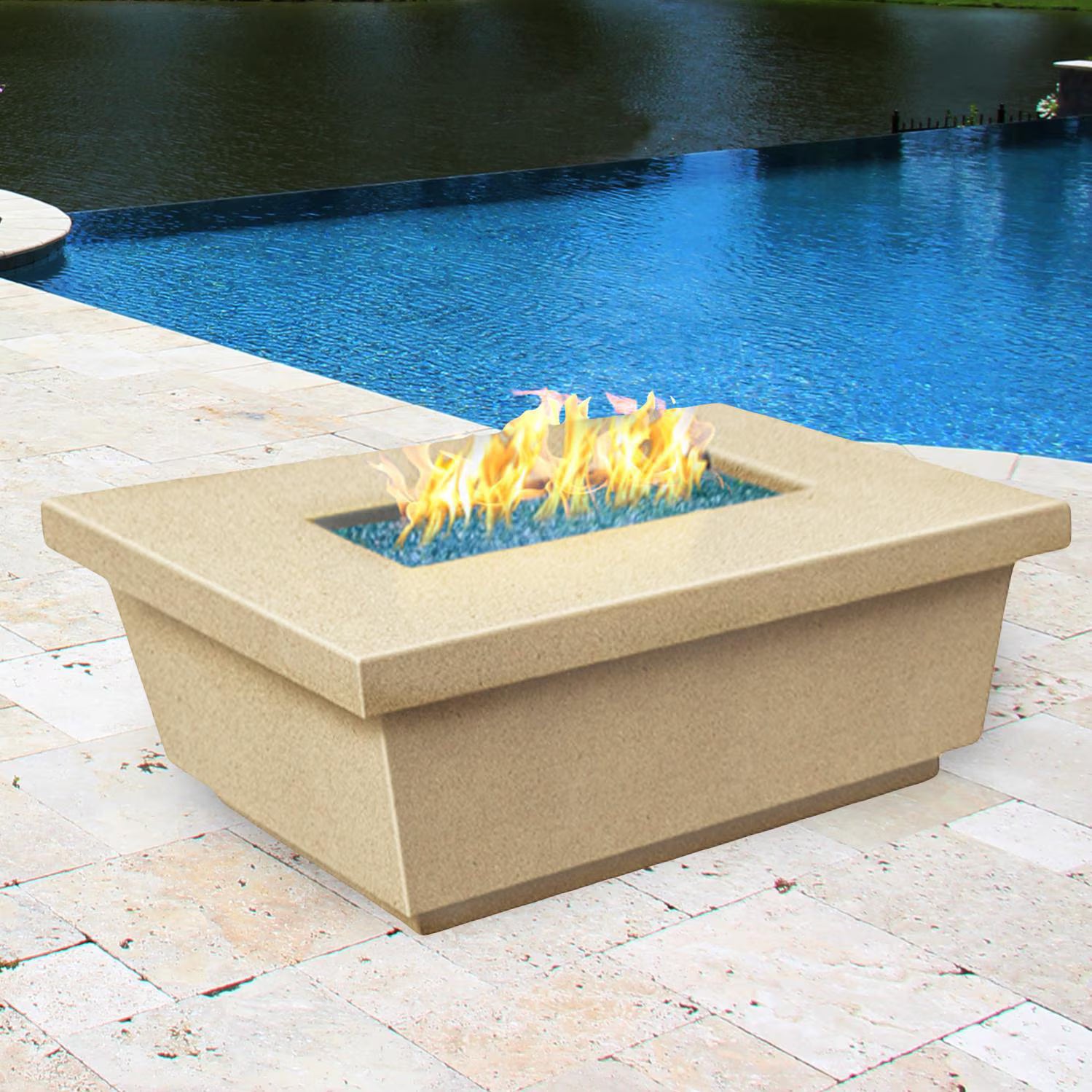 American Fyre Designs Contempo 52 Inch Rectangular GFRC Natural Gas Fire Pit Table in Cafe Blanco 783-CB-11-M4NC