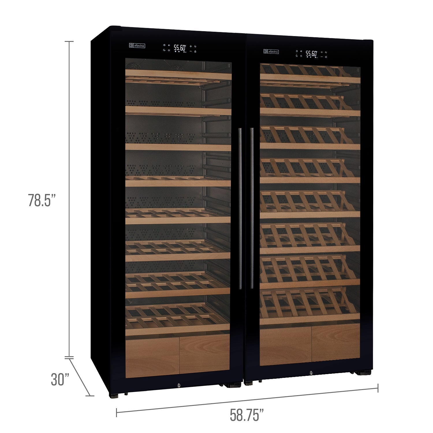 Allavino496 Bottle Dual Zone Black Glass Side-by-Side Wine Refrigerator with Display Shelving BF 2X-KWR248S-1BG