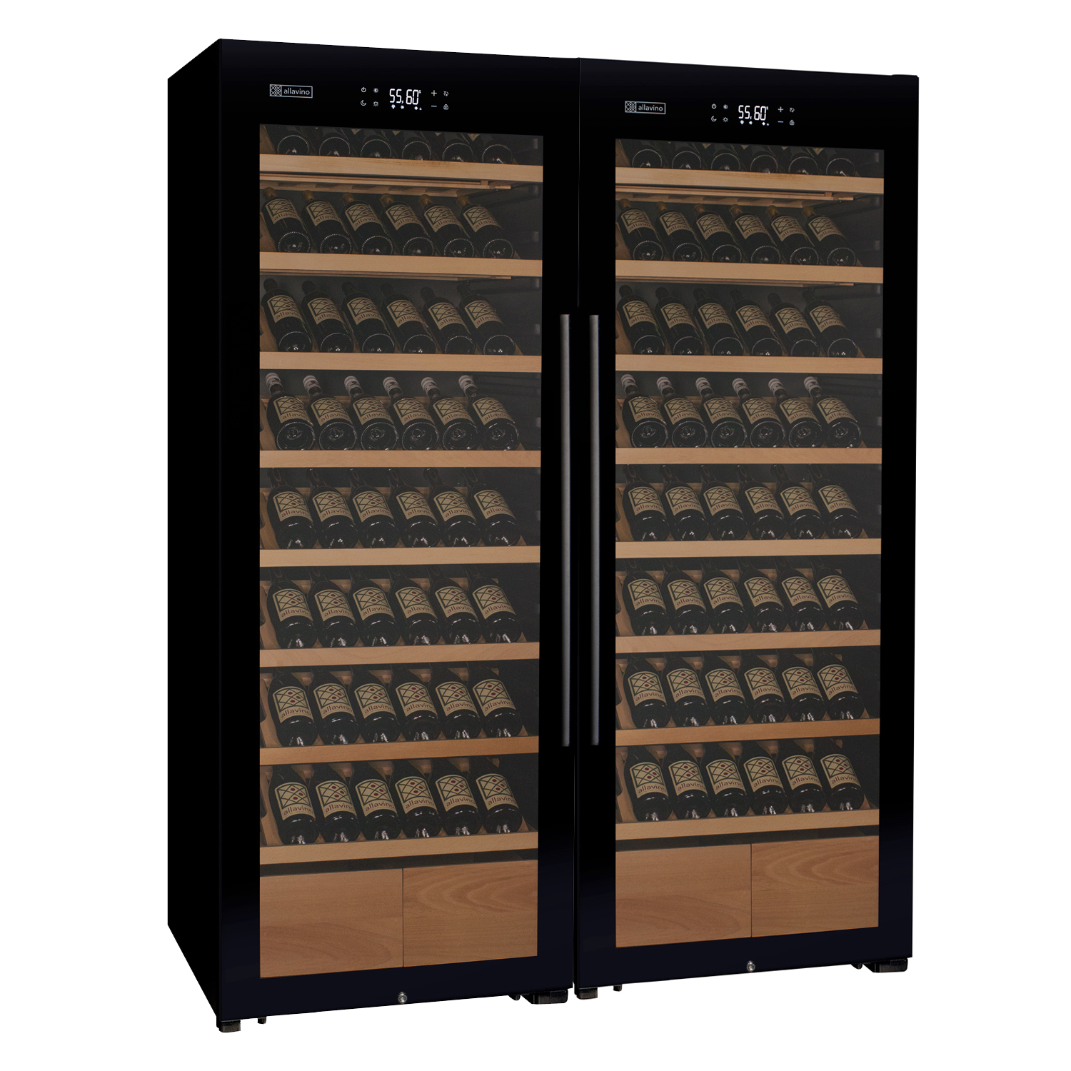 Allavino496 Bottle Dual Zone Black Glass Side-by-Side Wine Refrigerator with Display Shelving BF 2X-KWR248S-1BG