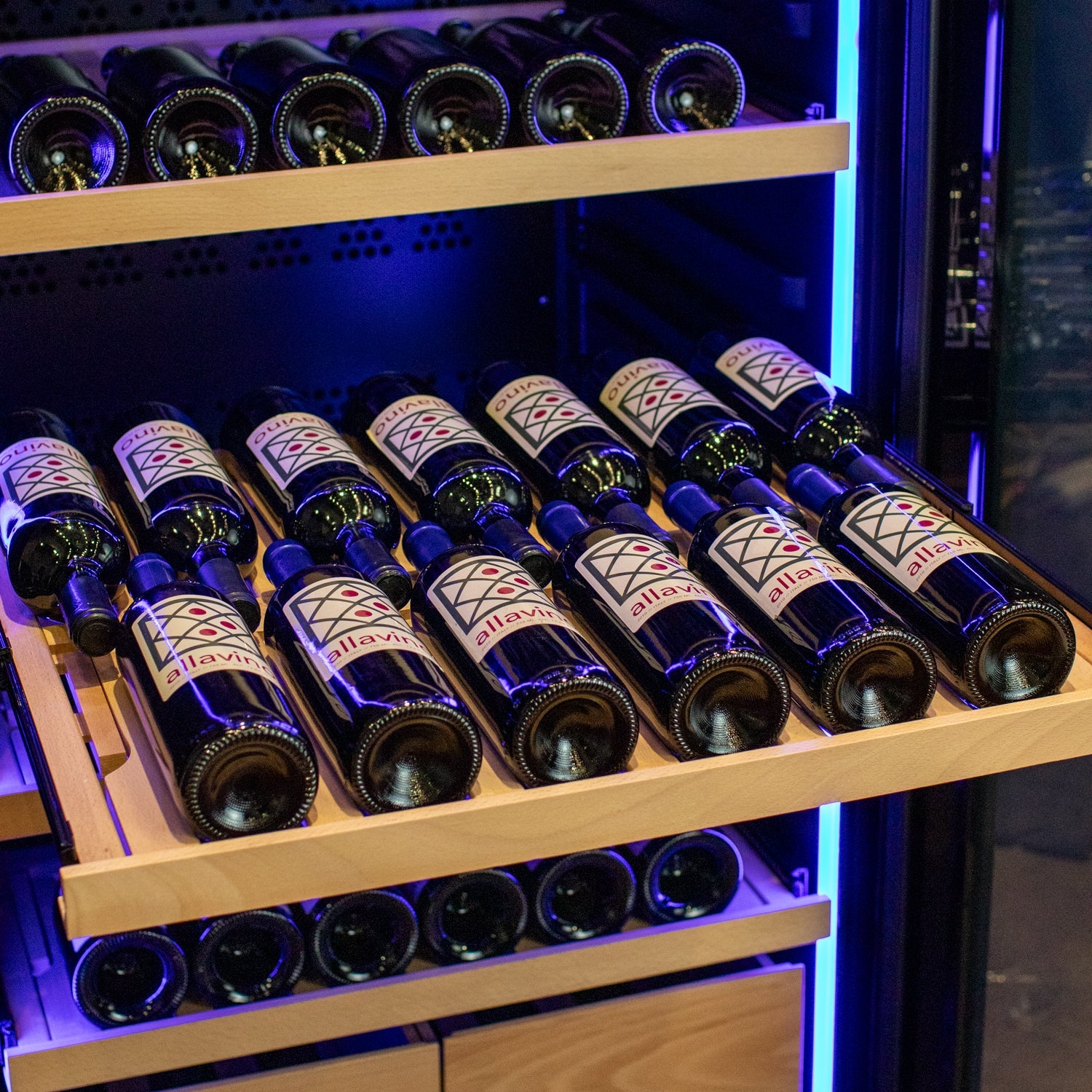 Allavino496 Bottle Dual Zone Black Glass Side-by-Side Wine Refrigerator with Display Shelving BF 2X-KWR248S-1BG