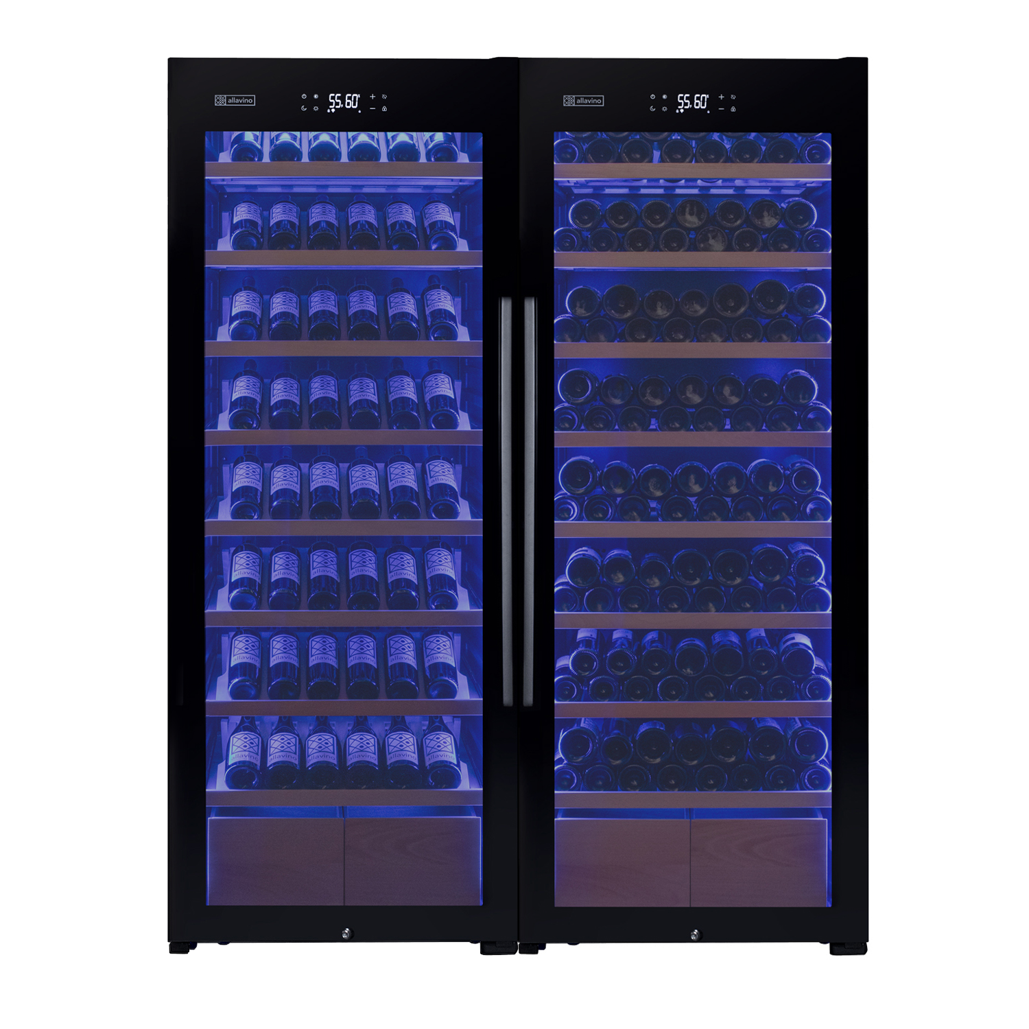 Allavino496 Bottle Dual Zone Black Glass Side-by-Side Wine Refrigerator with Display Shelving BF 2X-KWR248S-1BG